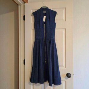 NWT Anthropologie Tommie Cap-Sleeve Smocked Front Zip Shirt Dress, Denim, PXXS